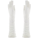 A pair of white, long ruched satin bridal gloves