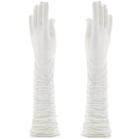 A pair of white, long ruched satin bridal gloves
