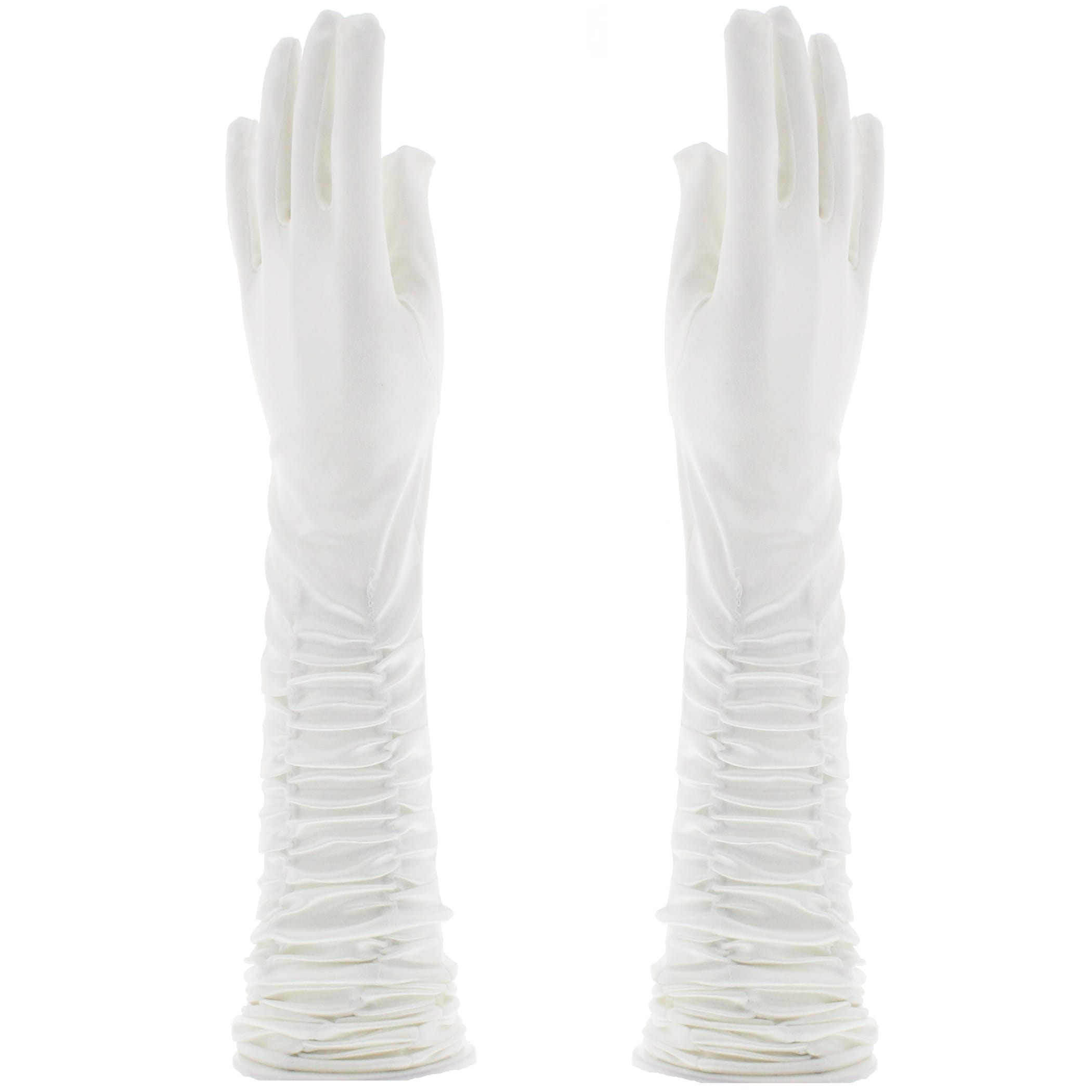A pair of white, long ruched satin bridal gloves