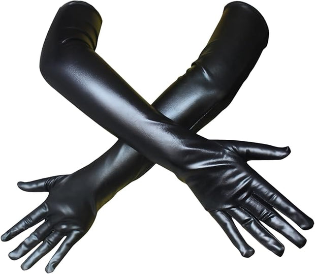 Long Black Wet Look Gloves