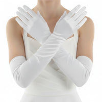 A pair of long satin bridal gloves in white color, designed to extend up to the elbow.