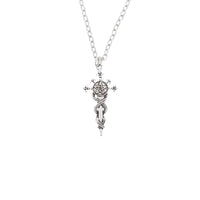 A silver-toned chain necklace featuring a detailed pendant with a pentagram design and a coiled snake motif, shown against a plain white background.