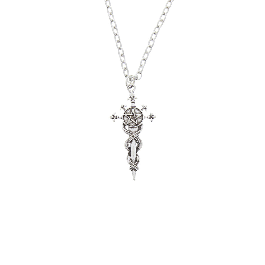 A silver-toned chain necklace featuring a detailed pendant with a pentagram design and a coiled snake motif, shown against a plain white background.