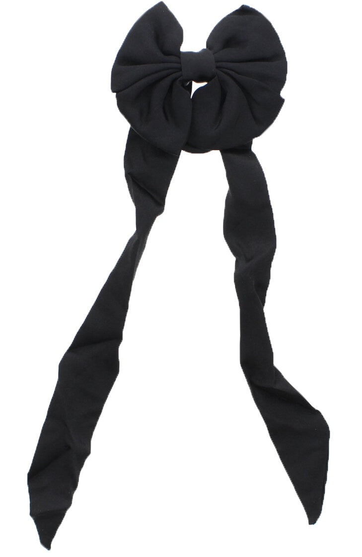 Black Satin Hair Bow on Elastic with Tails