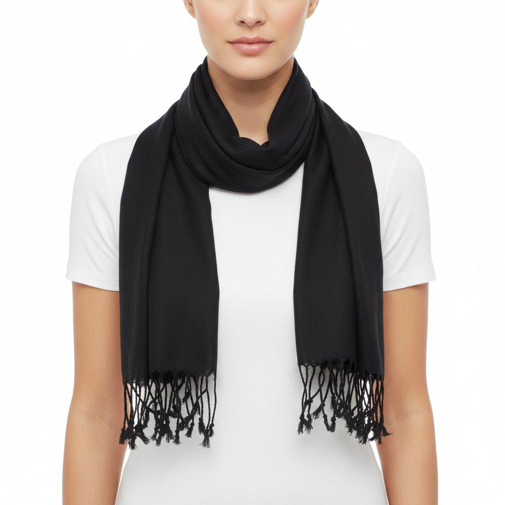 A black lightweight scarf with fringed ends, worn draped around the neck of a model wearing a white t-shirt, shot against a solid white background.