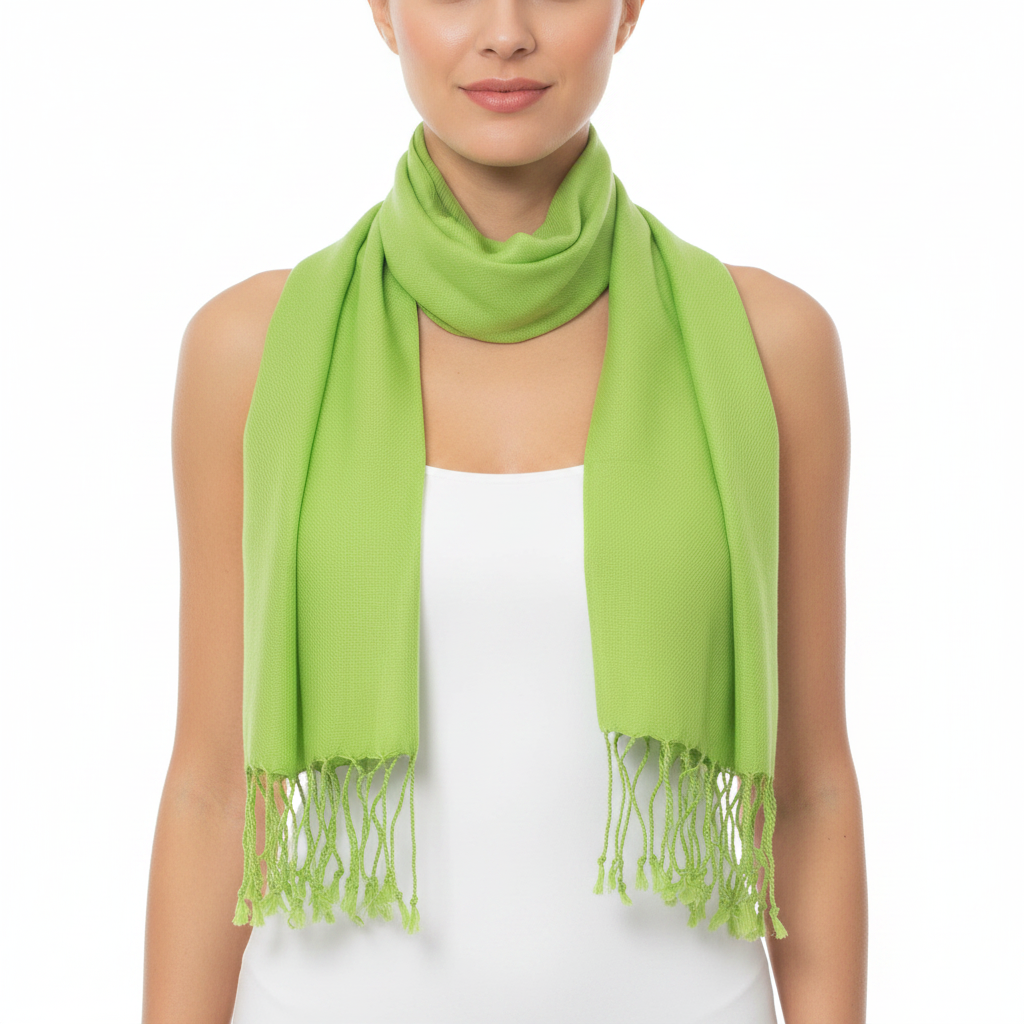 A woman wearing a bright lime green scarf with fringed ends, draped around her neck over a white sleeveless top against a plain white background.