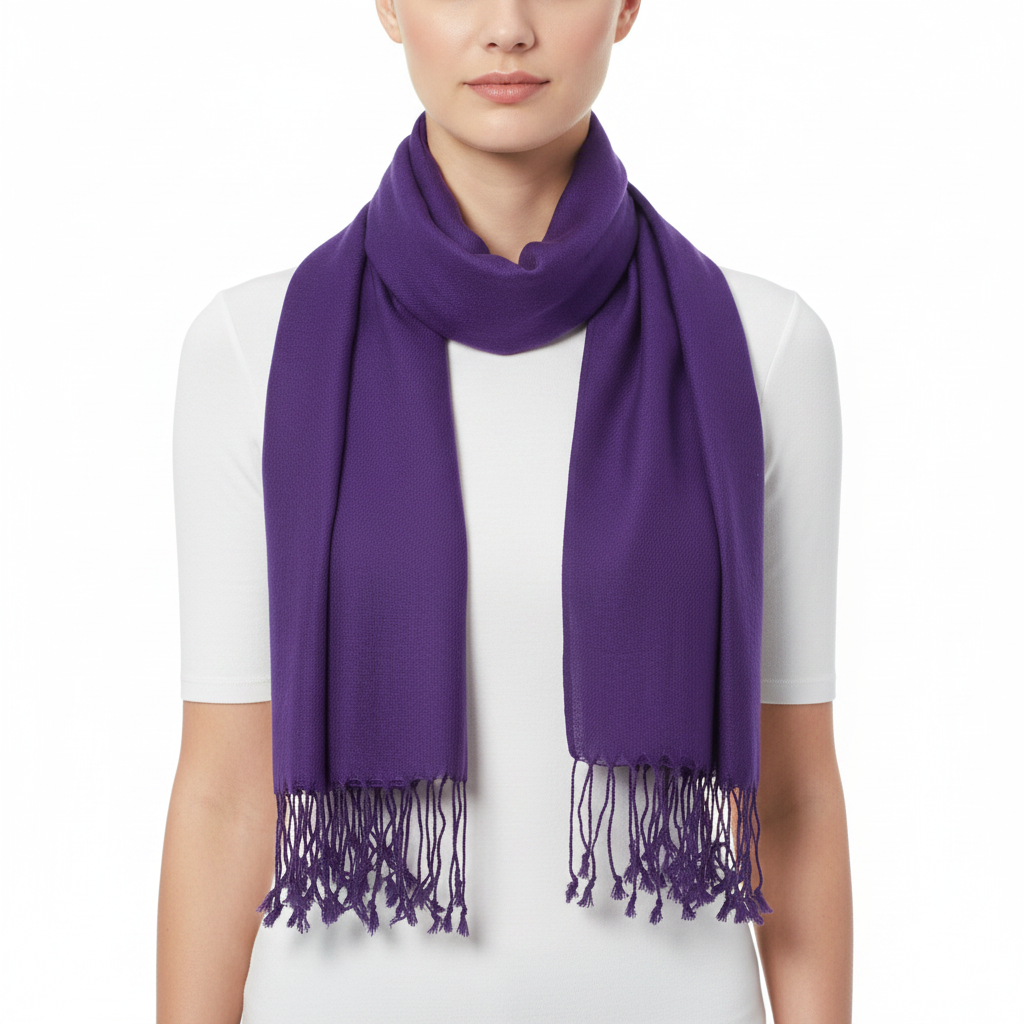 A model wearing a solid purple knit scarf with fringe tassels, styled around the neck over a white t-shirt against a plain white background.