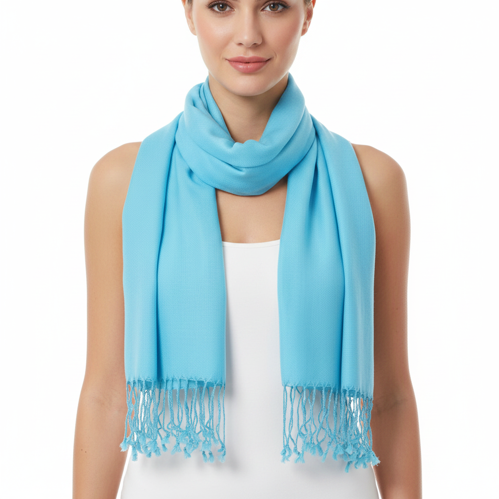 A woman wearing a light blue scarf with fringed ends, styled around her neck over a white top, against a plain white background.
