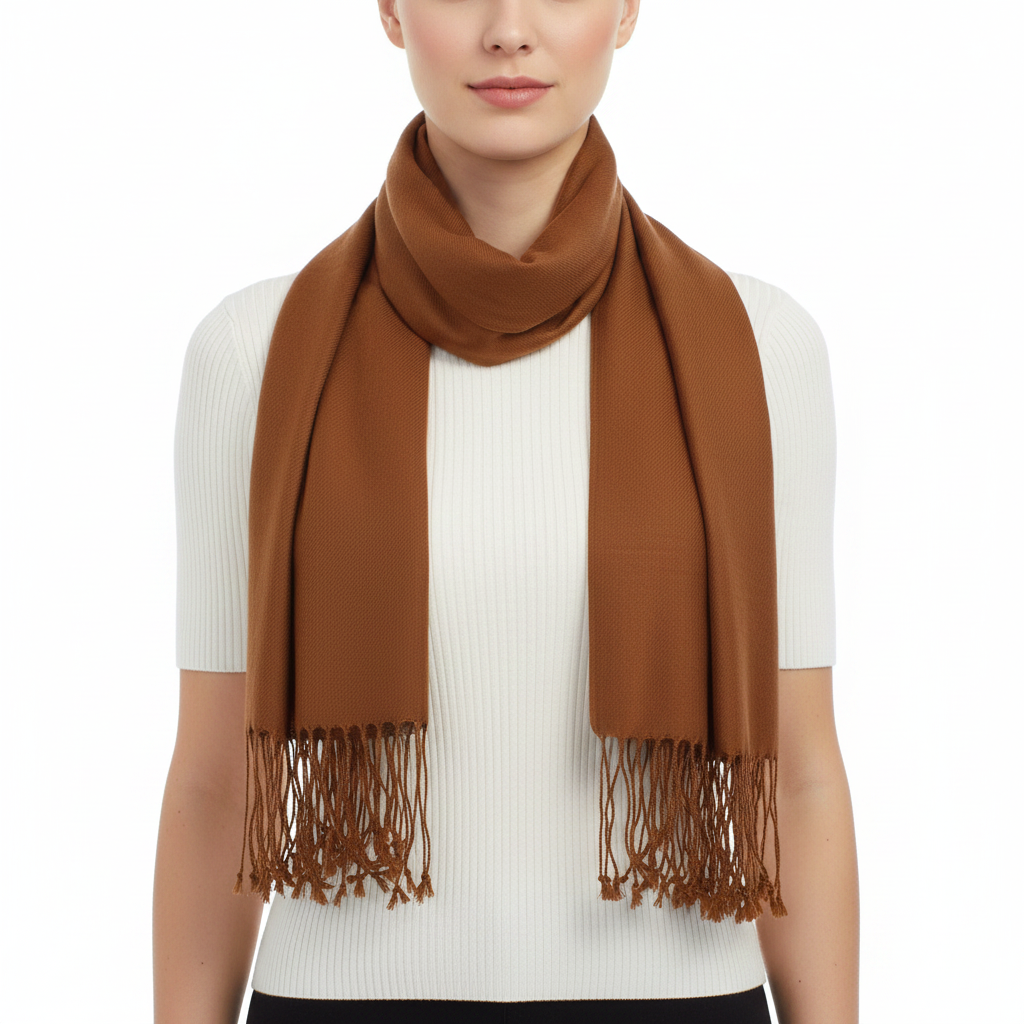 A woman wearing a warm brown scarf with fringe details, styled over a white ribbed short-sleeve top against a plain white background.