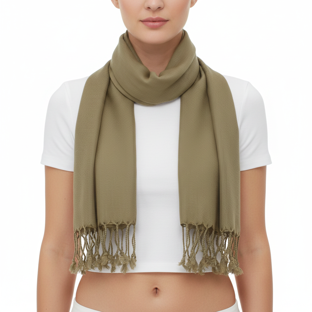 A woman wearing a light olive green scarf with fringed tassels, styled over a white crop top against a solid white background.