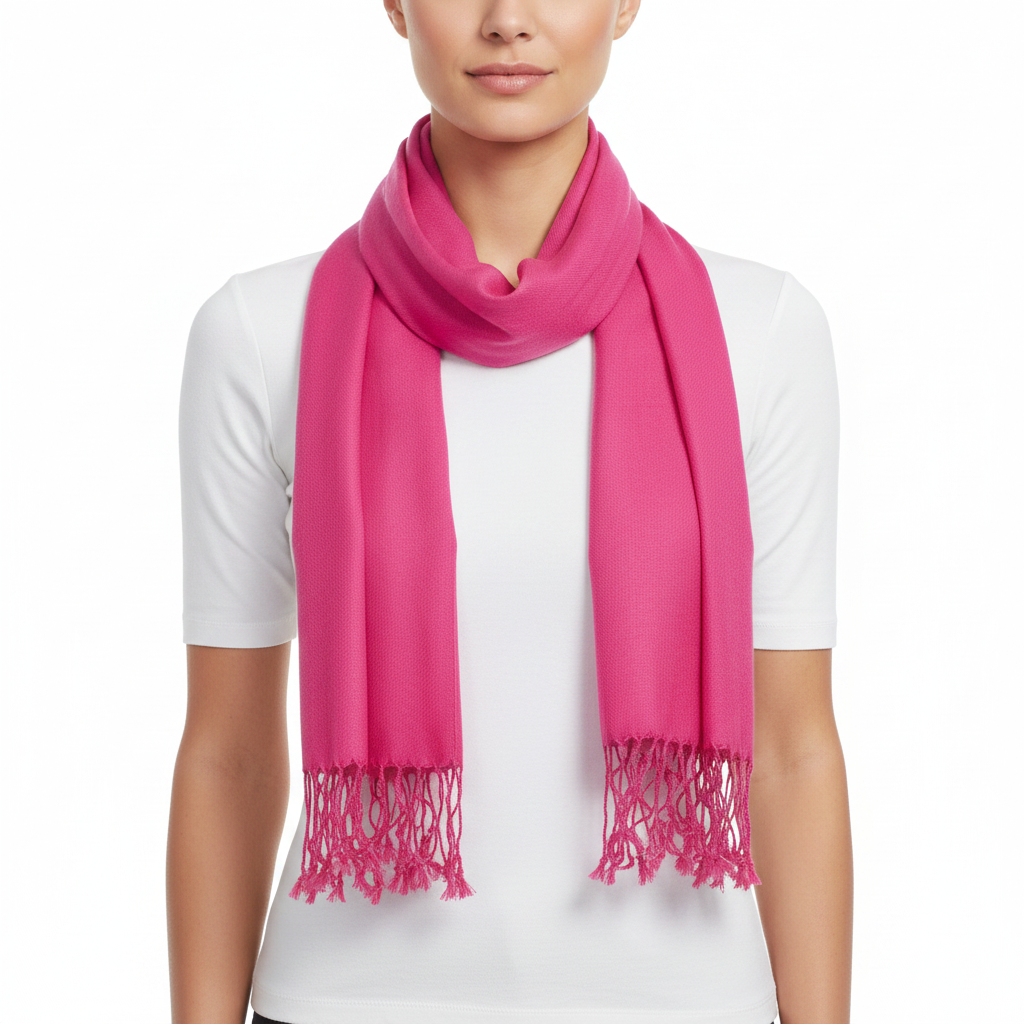 A bright pink scarf with fringed ends, worn in a loop around the neck of a model wearing a white t-shirt, against a plain white background.