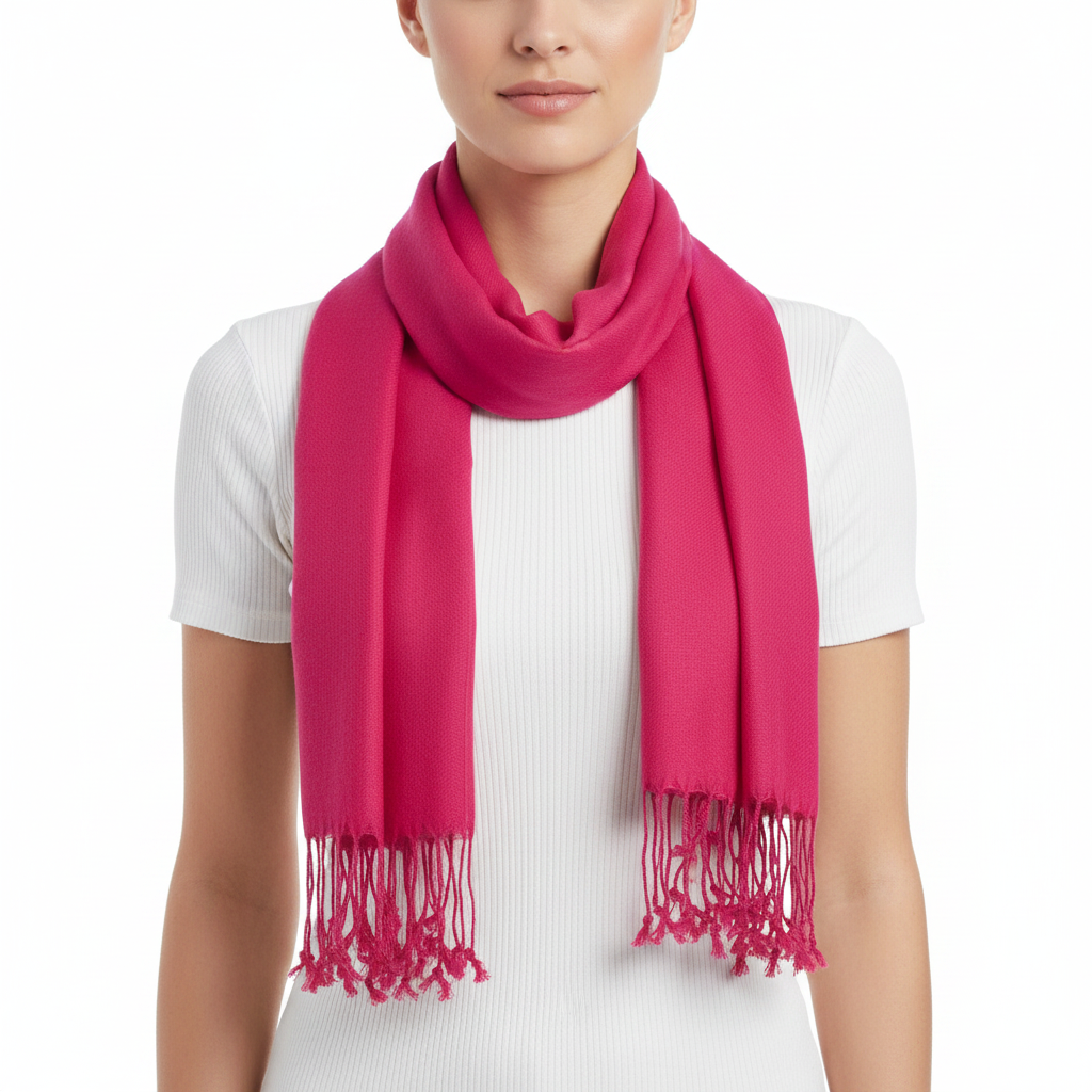 A bright pink scarf with fringed ends, worn in a loop around the neck of a model wearing a white ribbed short-sleeve top, against a plain white background.