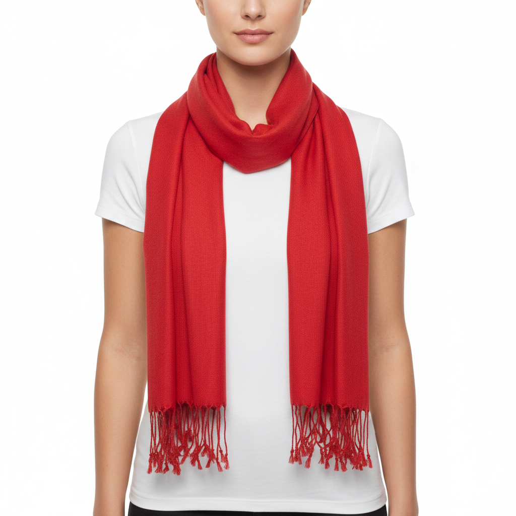 A bright red scarf with fringed ends, worn around the neck of a model wearing a white t-shirt against a plain white background.