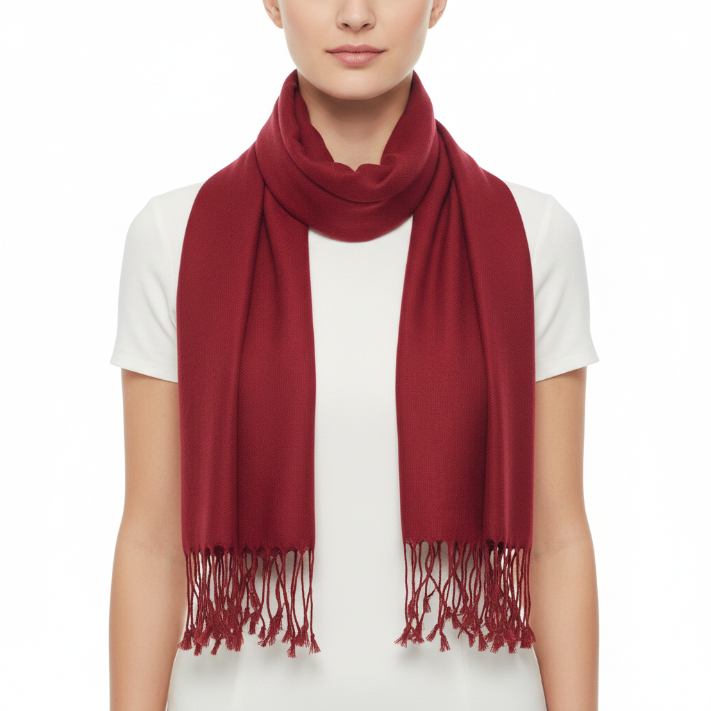 A model wearing a deep red scarf with fringed ends, styled over a white short-sleeve top against a plain white background.