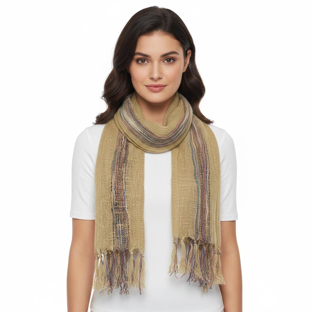 Beige scarf with multicolor stripes and fringes on a white background
