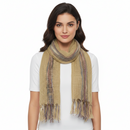 Beige scarf with multicolor stripes and fringes on a white background