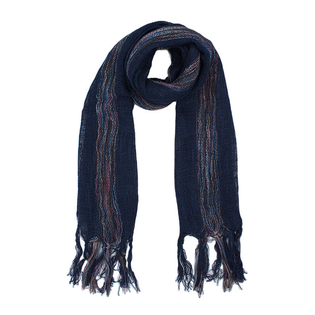 Cotton Lightweight Striped Scarf with Tassels