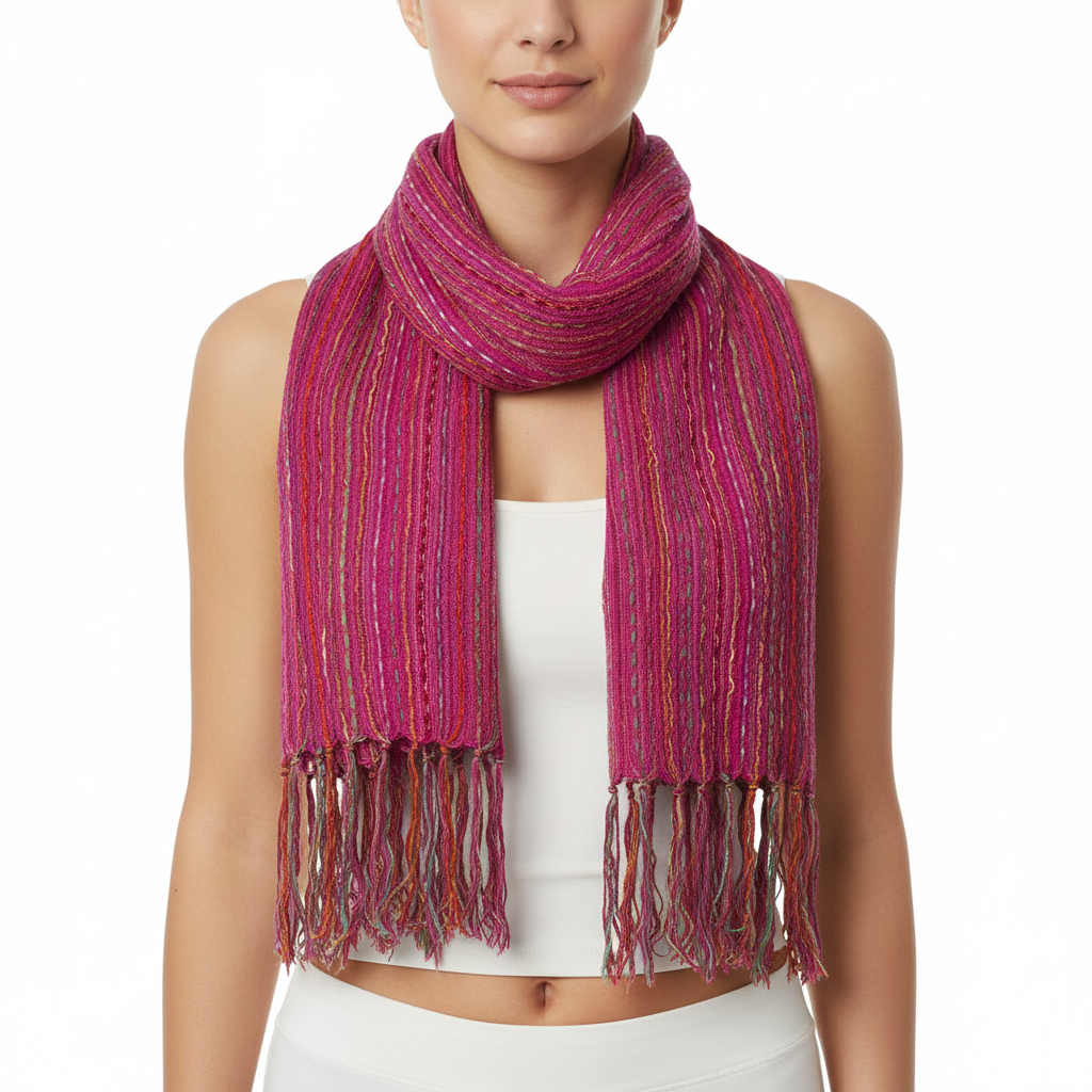 Pink striped scarf with fringes on a white background