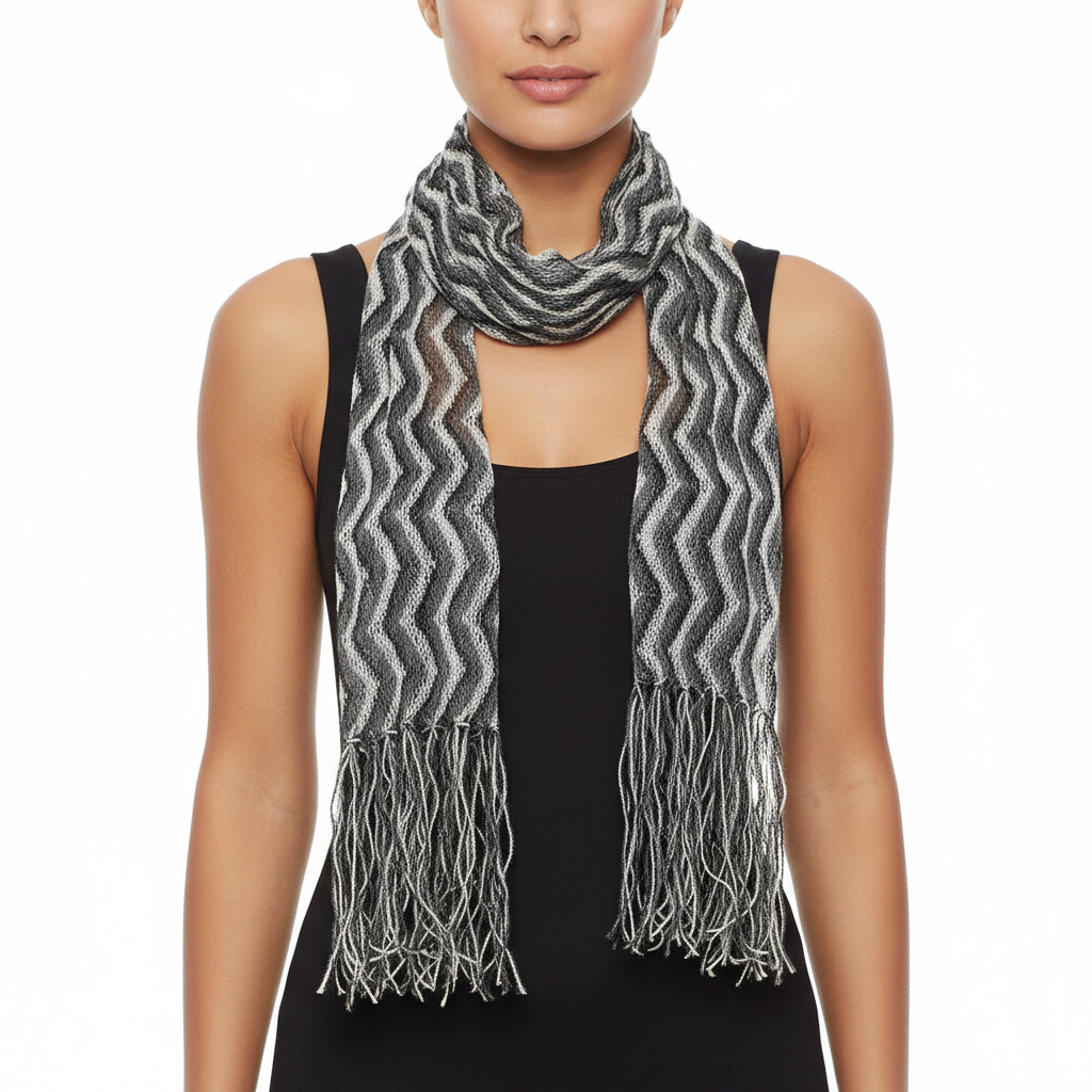 A gray and white wavy patterned scarf with fringed ends, shown on a plain white background.