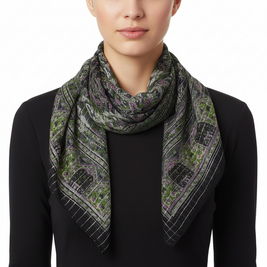 Lightweight Floral Square Scarf with Metallic Stripes