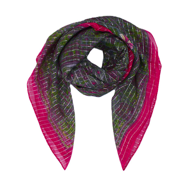 Lightweight Floral Square Scarf with Metallic Stripes