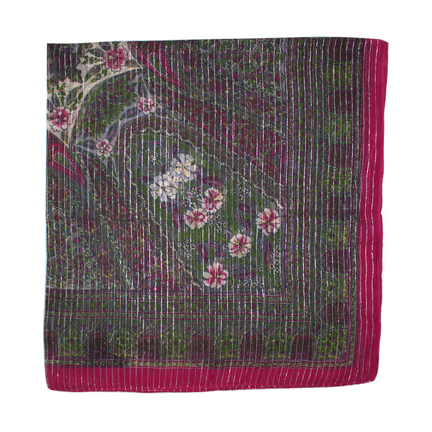 Lightweight Floral Square Scarf with Metallic Stripes