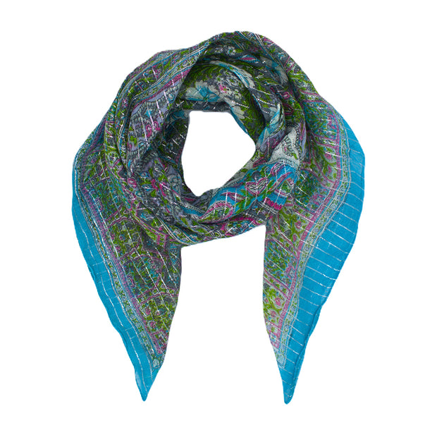 Lightweight Floral Square Scarf with Metallic Stripes