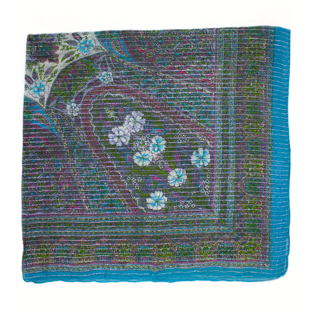 Lightweight Floral Square Scarf with Metallic Stripes