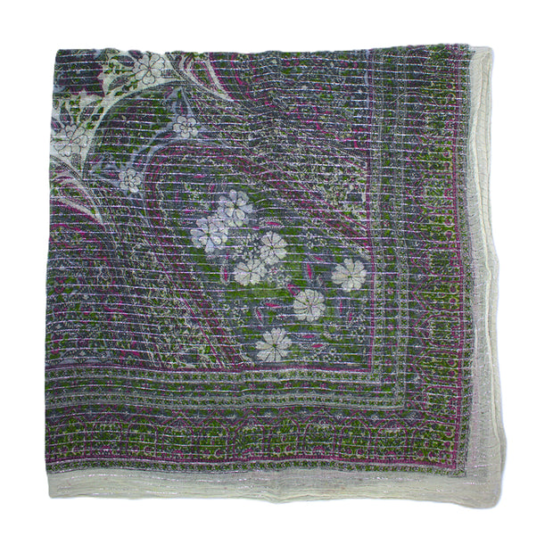 Lightweight Floral Square Scarf with Metallic Stripes