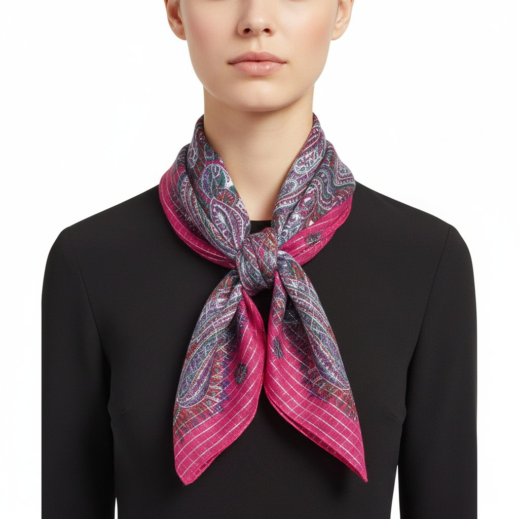 Pink and purple patterned scarf on a white background