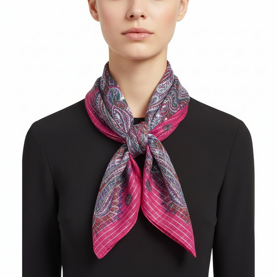 Lightweight Paisley Square Scarf with Metallic Stripes