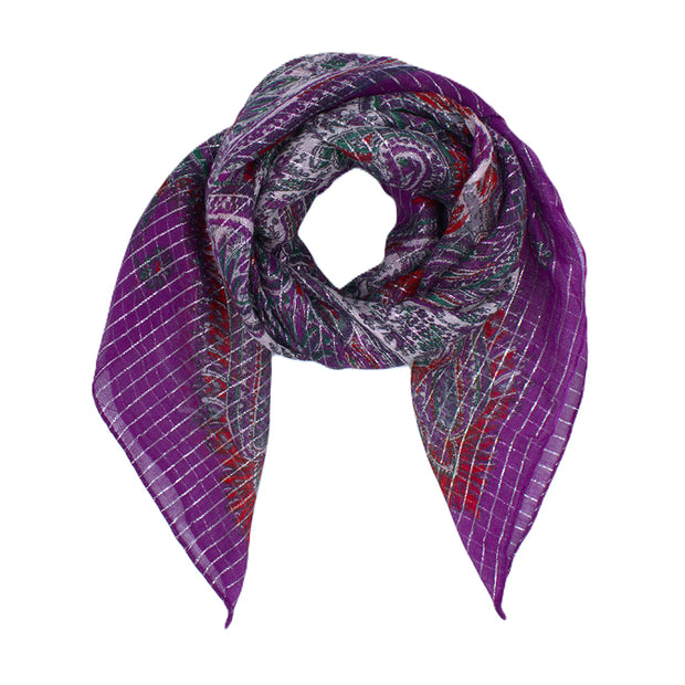 Lightweight Paisley Square Scarf with Metallic Stripes