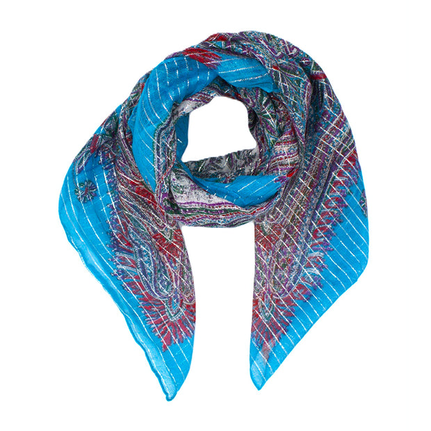 Lightweight Paisley Square Scarf with Metallic Stripes