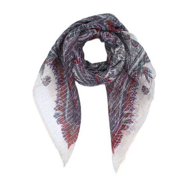 Lightweight Paisley Square Scarf with Metallic Stripes