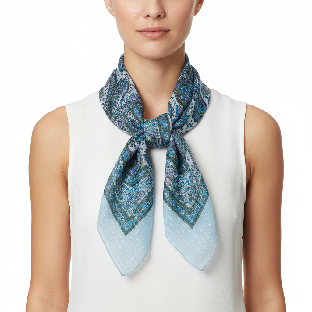Blue and green patterned scarf on a white background