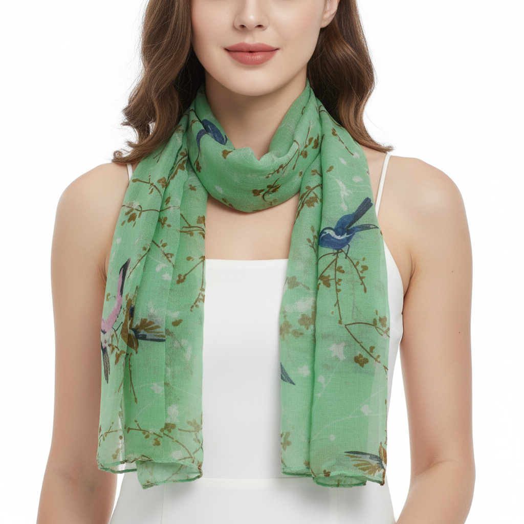 A green scarf with a floral and bird print design.