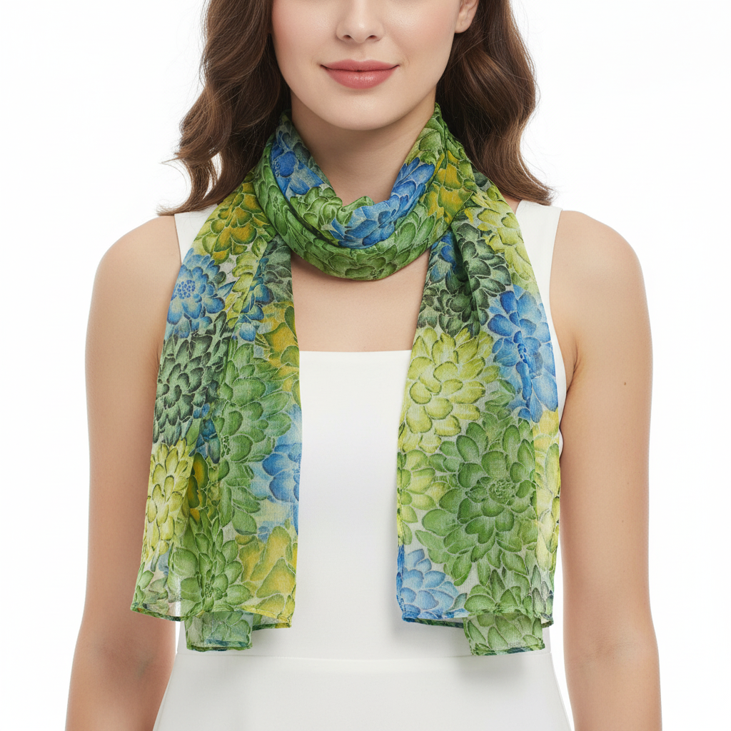 Multi Shaded Green & Blue Flower Print Scarves