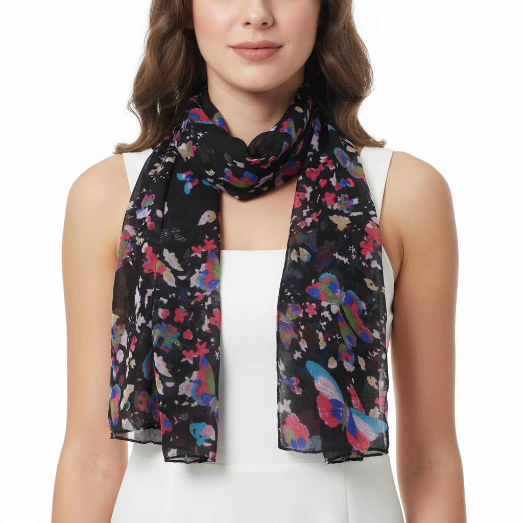 Black Butterfly Plain Middle Printed Scarves