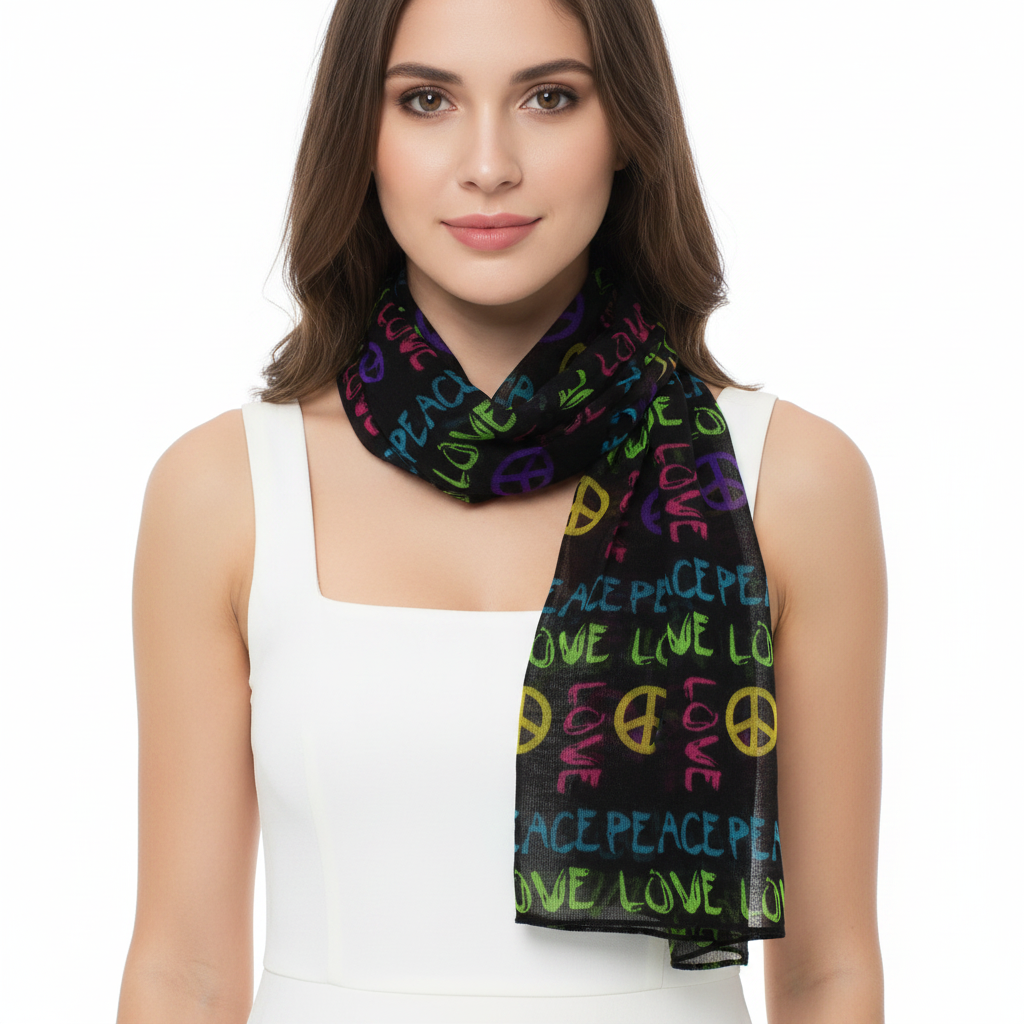 Love & Peace Black Printed Scarf