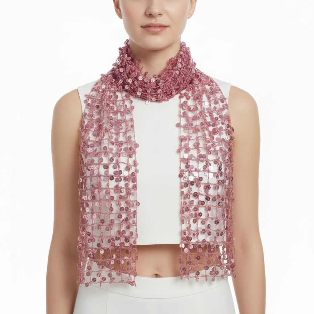 Person wearing a pink beaded scarf over a white top and pants on a white background