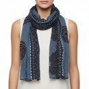 Blue scarf with black lace patterns on a white background