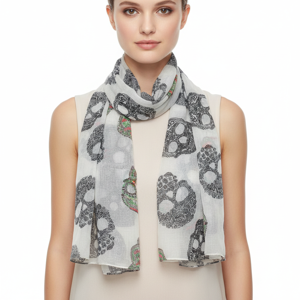 Scarf with skull and peace sign pattern on a white background