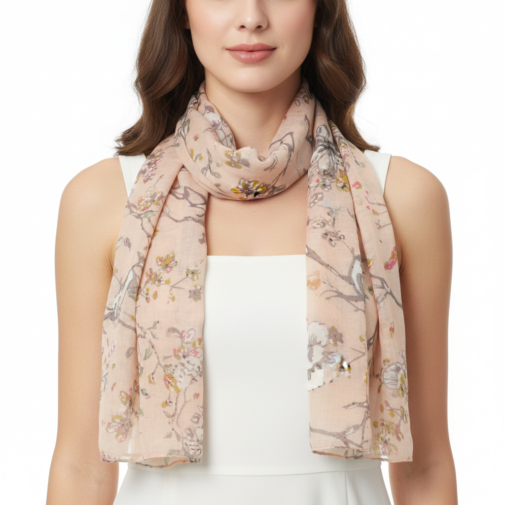 A scarf with a pattern that includes trees and flowers, primarily in a beige color.