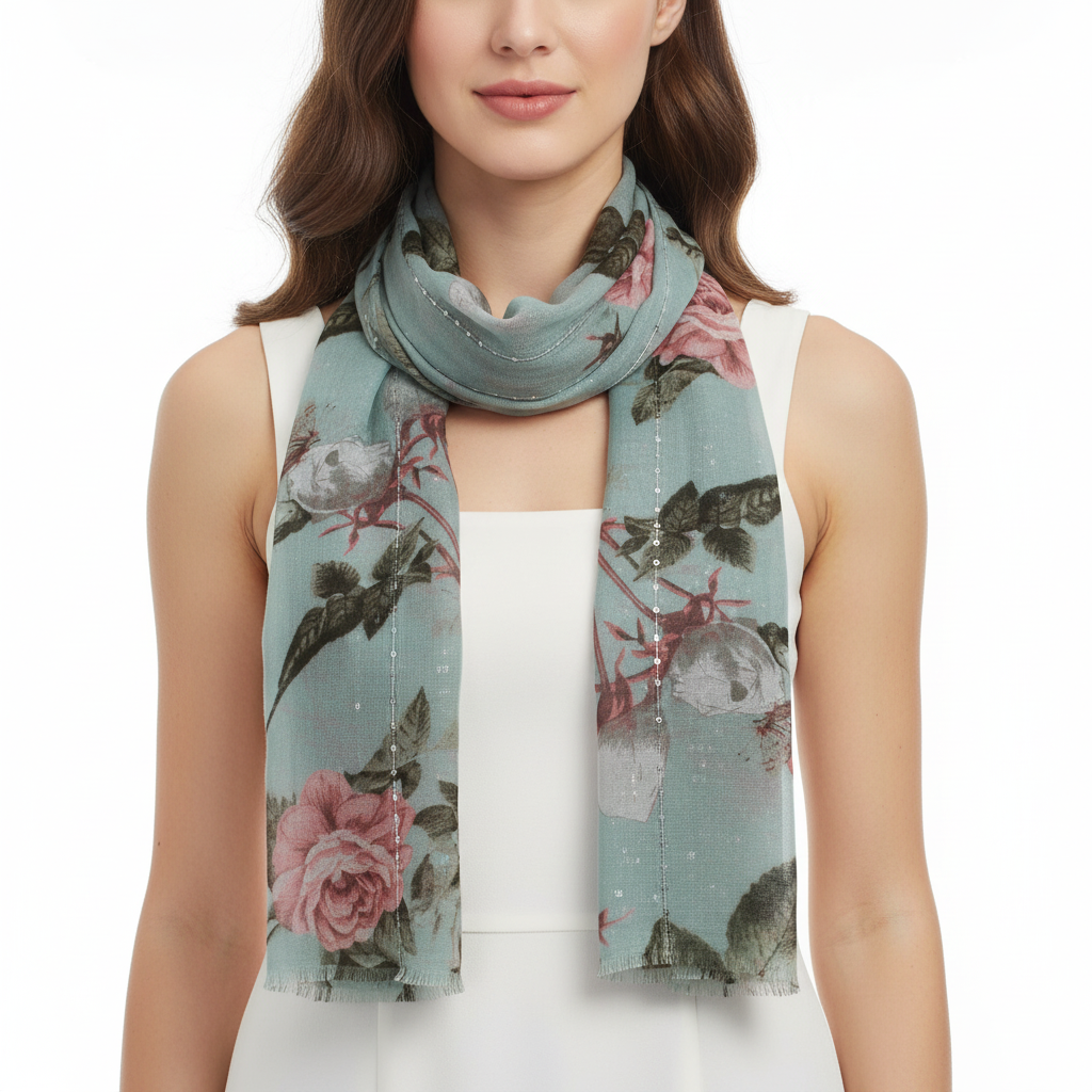 Mint Green Large Floral Printed Scarf with Sequin Trail
