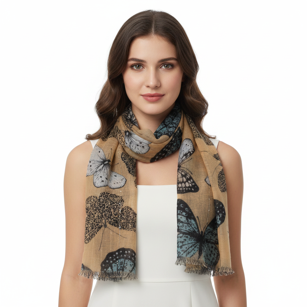 Large Butterfly Printed Scarf with Sequin Trail