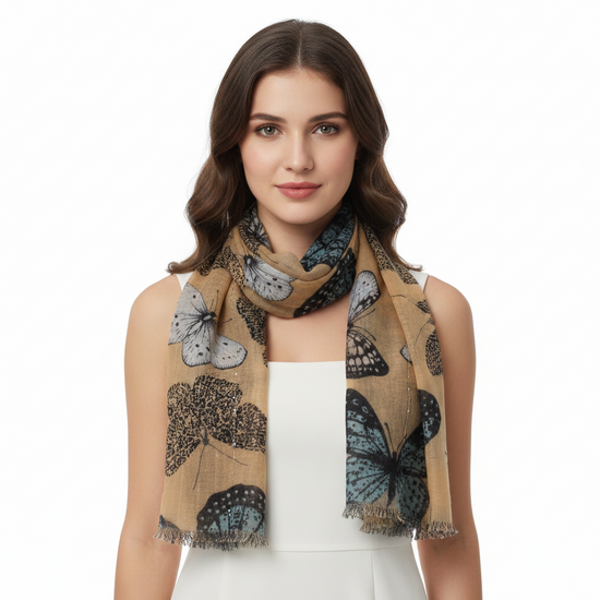 Large Butterfly Printed Scarf with Sequin Trail