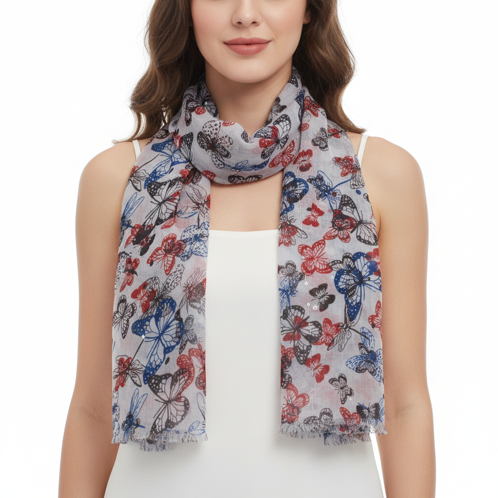 White Butterfly Printed Scarf with Sequin Trail
