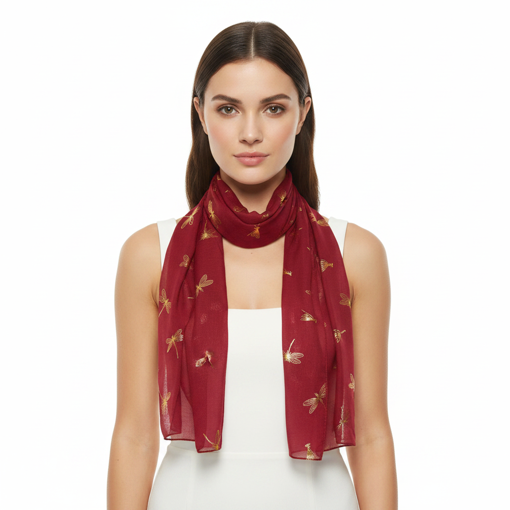 A red scarf with large gold foil dragonfly print laid out on a flat surface.