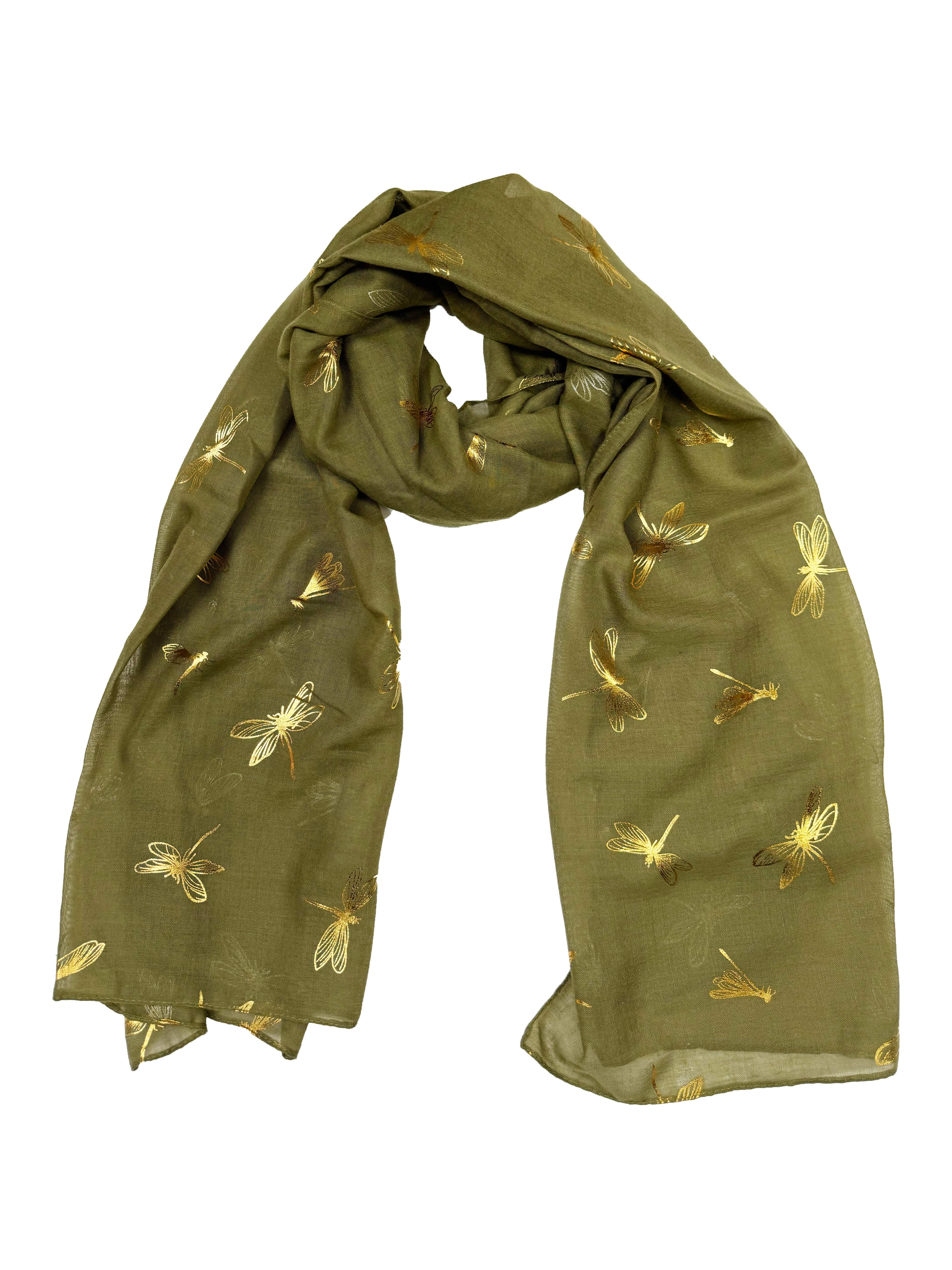 Large Gold Foil Dragonfly Printed Scarves