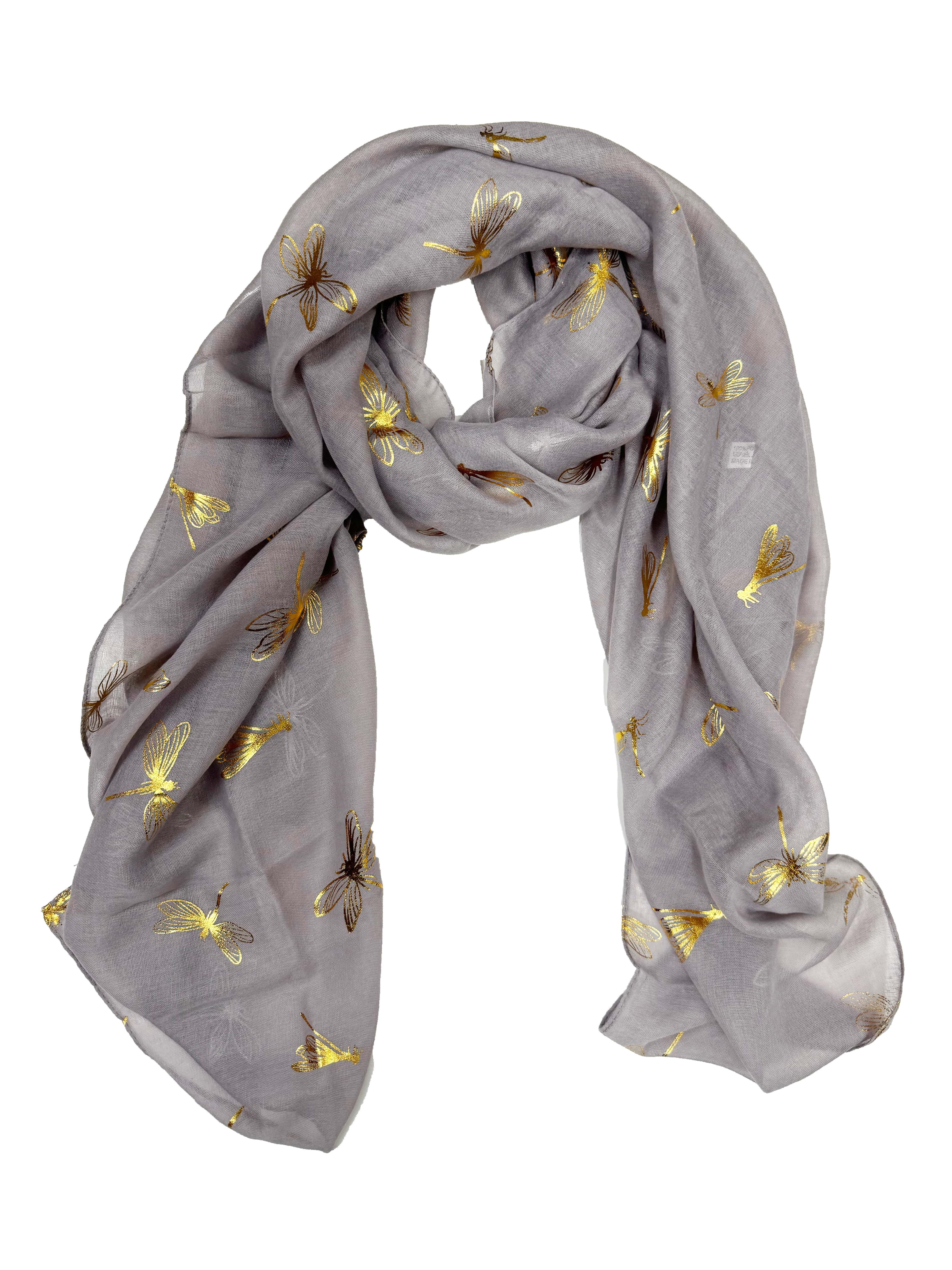 Large Gold Foil Dragonfly Printed Scarves